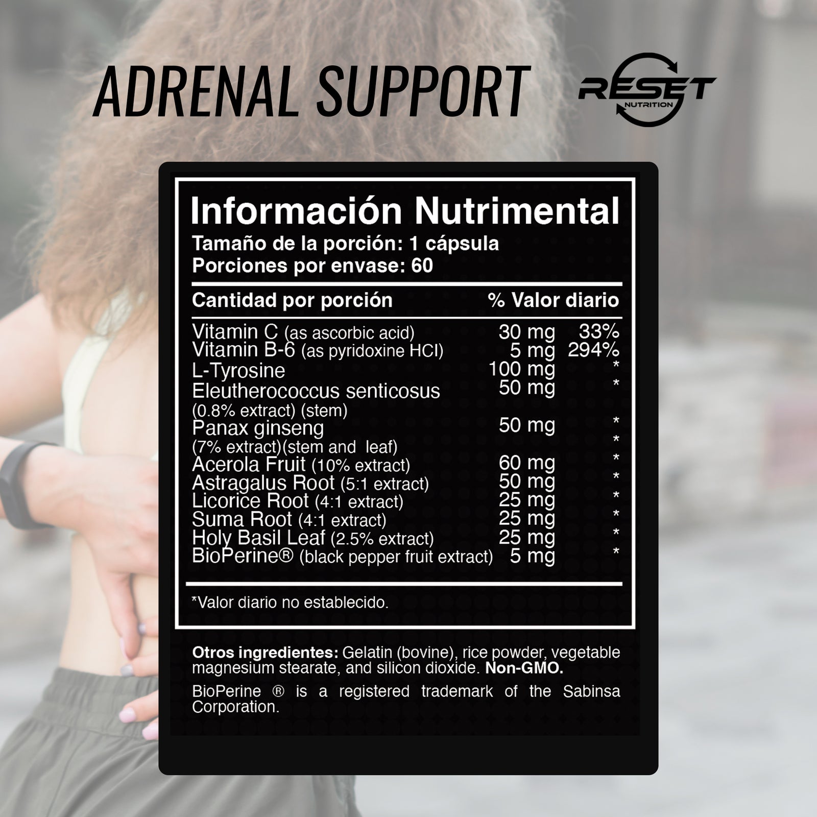 Adrenal Support - 60 capsules with ginseng, licorice, and holy basil - balances blood pressure, reduces stress, and boosts daily energy