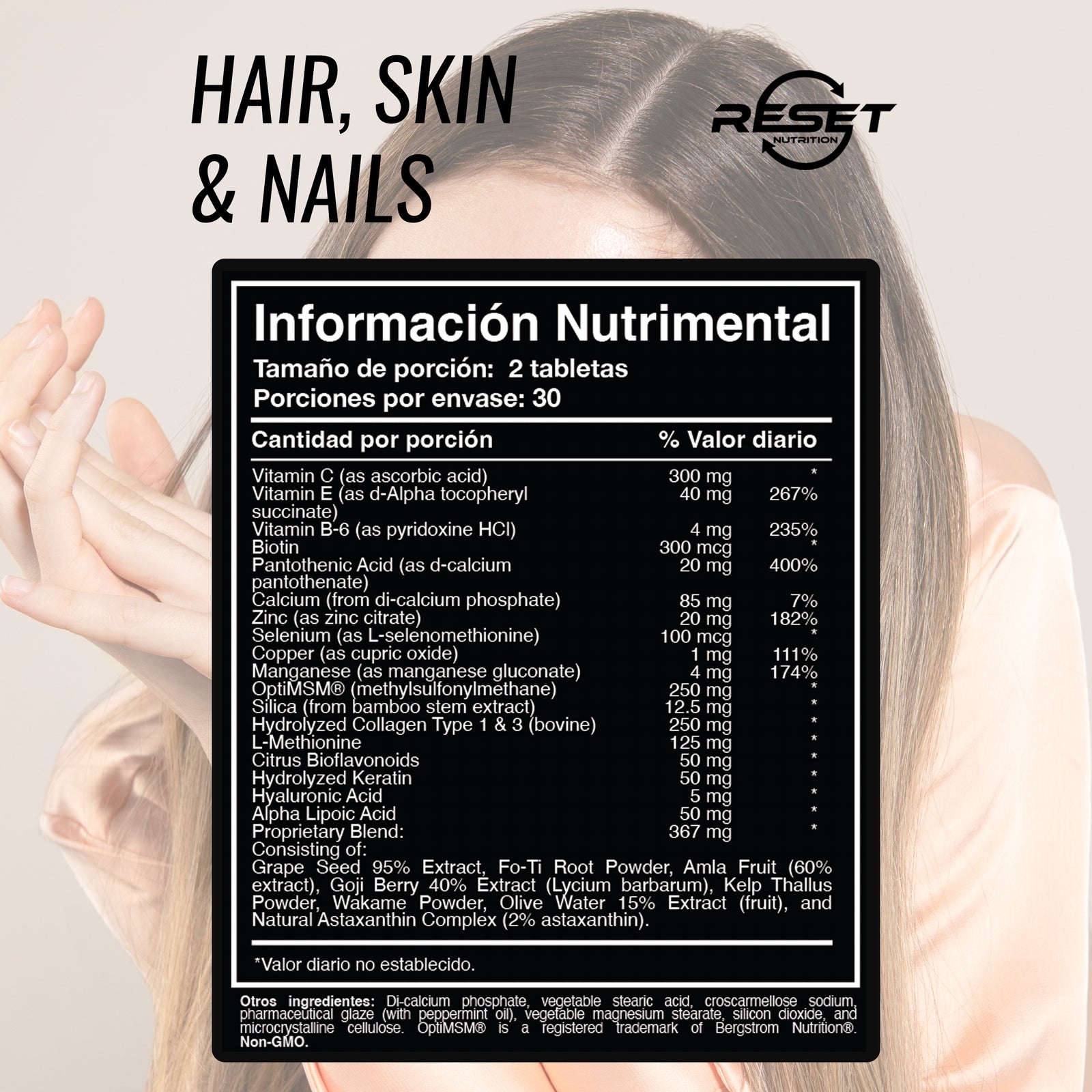 Cabello, piel y uñas - 60 tabletas con biotina, sílice y colágeno - fortalece y nutre el cabello, la piel y las uñas