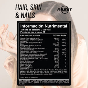 HAIR, SKIN & NAILS | 60 TABLETS | STRENGTHENS AND HYDRATES HAIR, SKIN AND NAILS | RESET NUTRITION | MADE IN USA