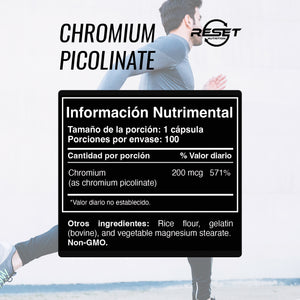 CHROMIUM PICOLINATE 200 MCG | CHROMIUM PICOLINATE CHROMIUM | 100 CAPSULES | RESET NUTRITION | MADE IN USA