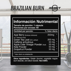 BRAZILIAN BURN | IDEAL NATURAL SUPPLEMENT FOR EXERCISE | ACAI | 60 CAPSULES | RESET NUTRITION | MADE IN USA